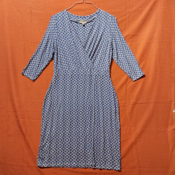 Pure Collection Sz 12 Blue White Tile Mosaic Print Ruched Stretch Midi Dress - Picture 1 of 7